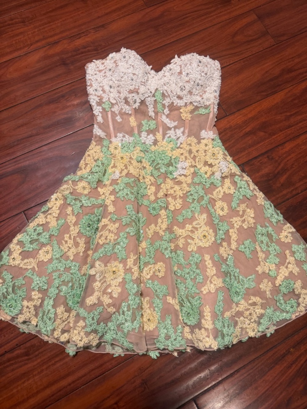 Sherri Hill Strapless Floral Appliqué Cocktail Dress in Blush, Yellow & Mint - Picture 3 of 15